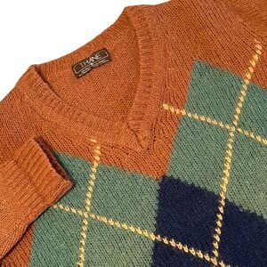 Vintage Thane Sweater Mens M Brown Kid Mohair Wool Argyle V-Neck Knit Pullover